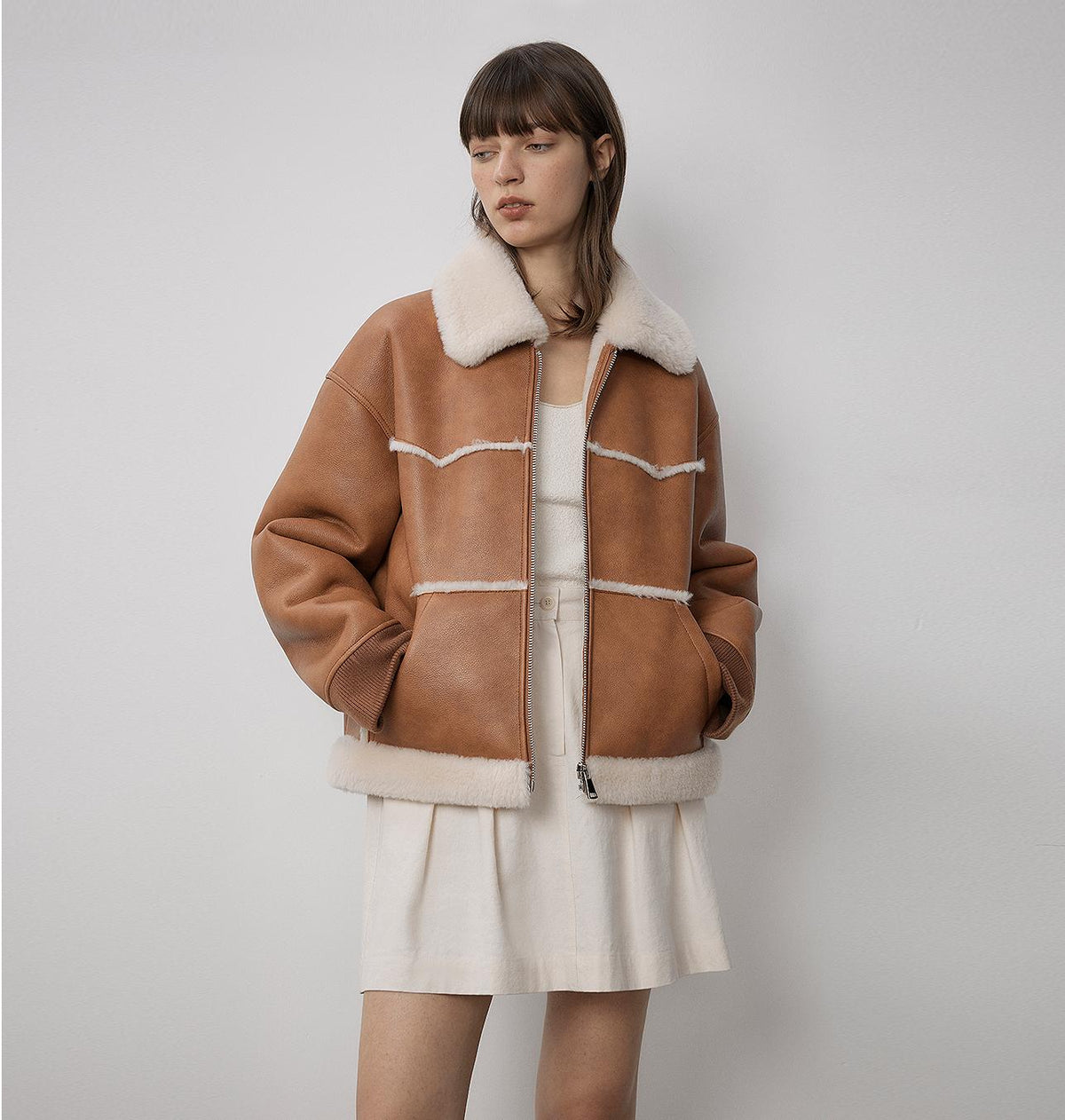 "Makino's Fun" Lapel Wool Artificial Compound Leather Short Style Shearling Jacket-5