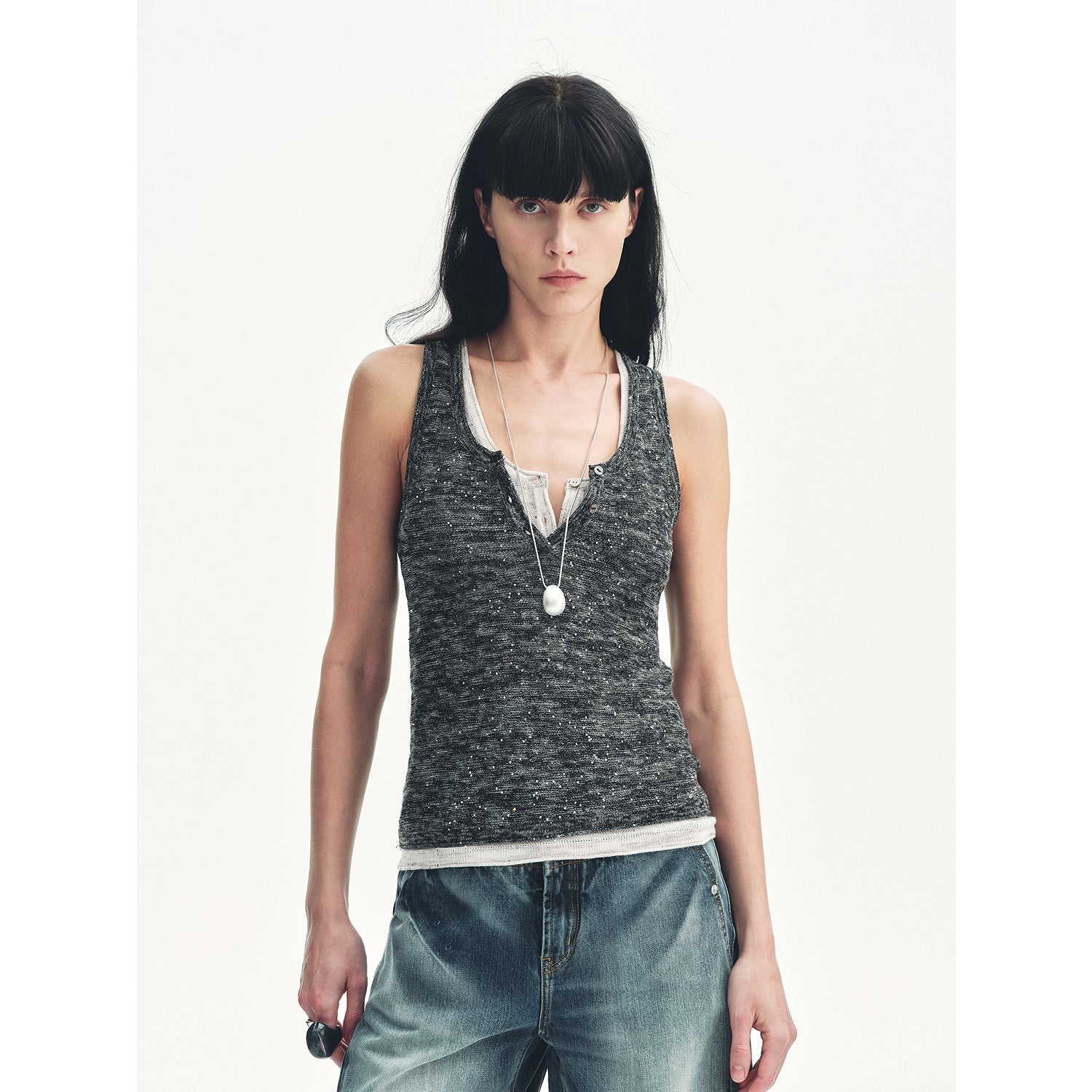 "Summer Night Starry Sky" Cotton and Linen Blended Henley Collar Beaded Vest Summer-4