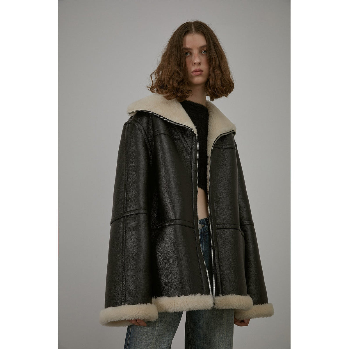 “August Night”Wool Artificial Compound Leather Reversible Shearling Jacket-4