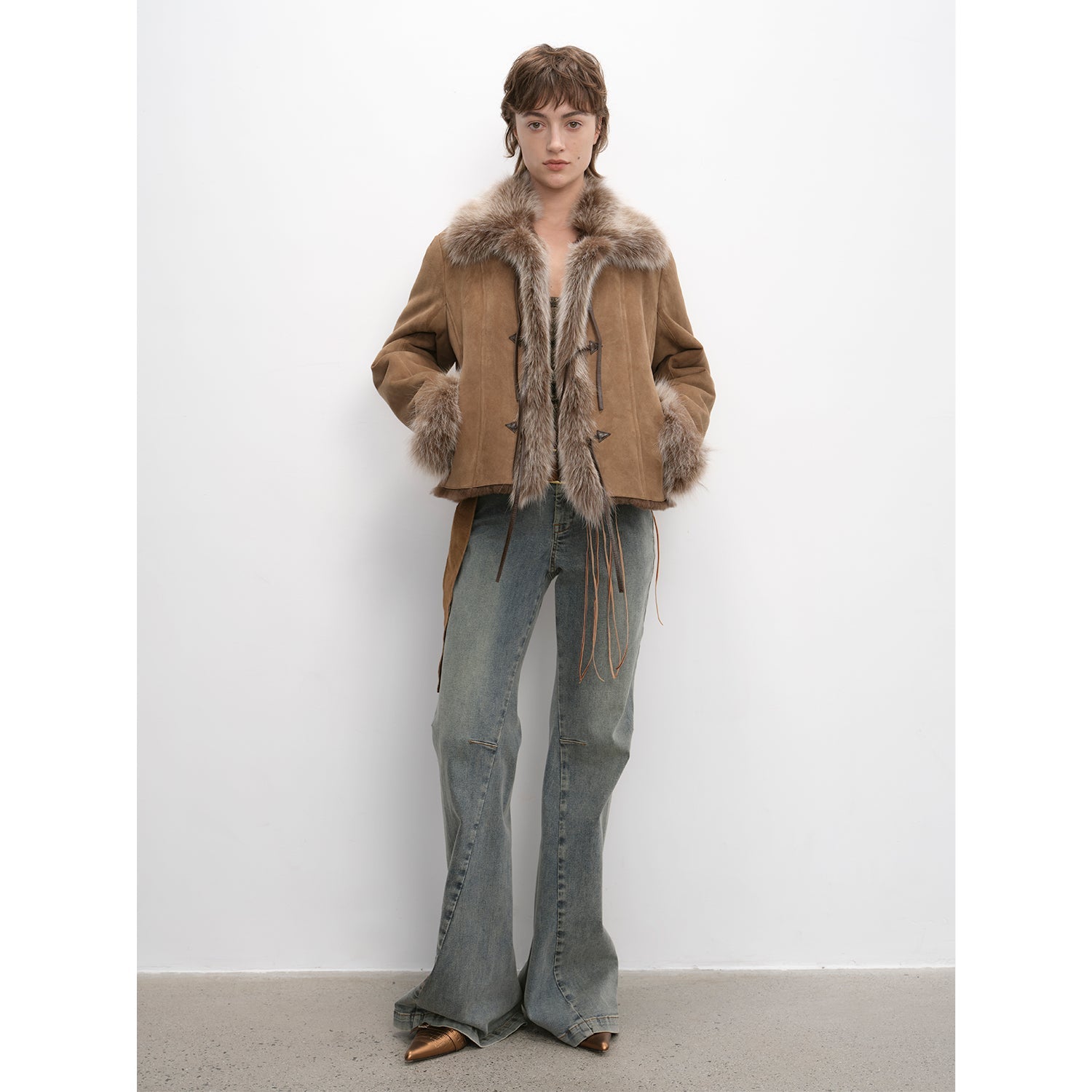 Florence Retro Layered Spliced Fox Fur Collar Short Jacket Winter-5