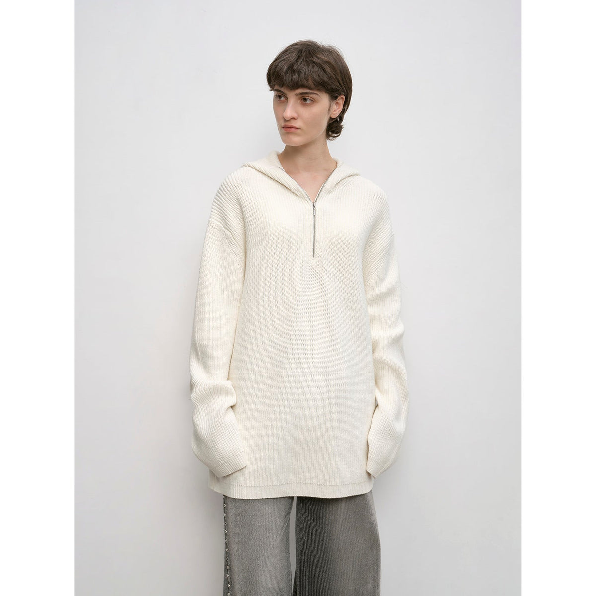"Autumn Ticket" Simple and versatile Zhongding 30s wool blend hoodie zipper round neck sweater-4