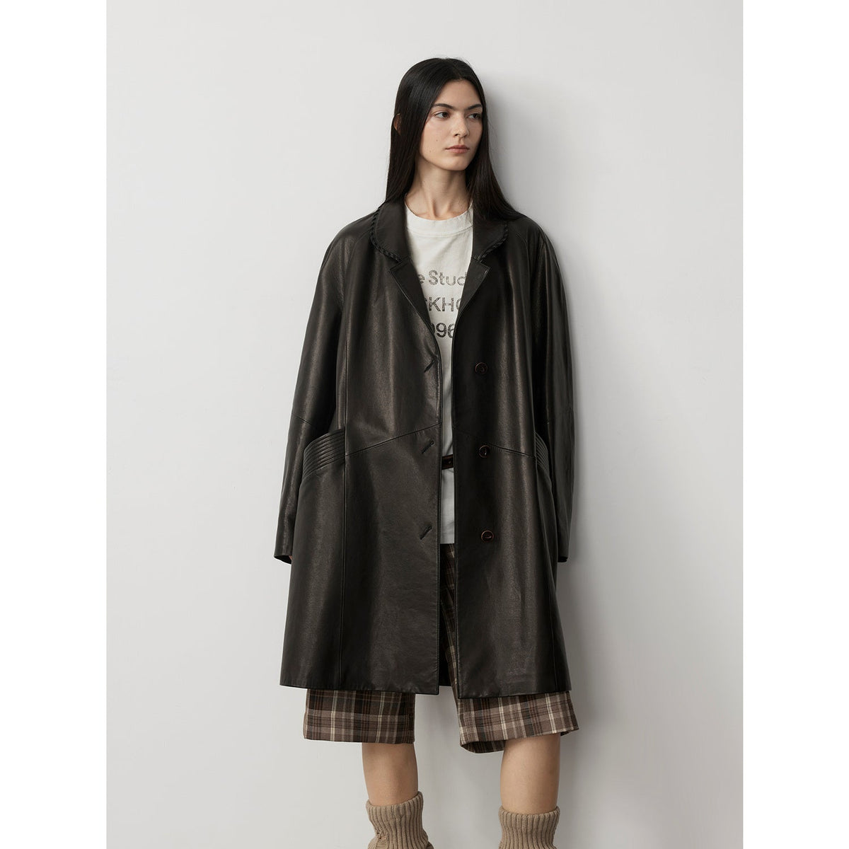 Sonorous Rose vintage imported oil waxed goatskin long trench coat-4