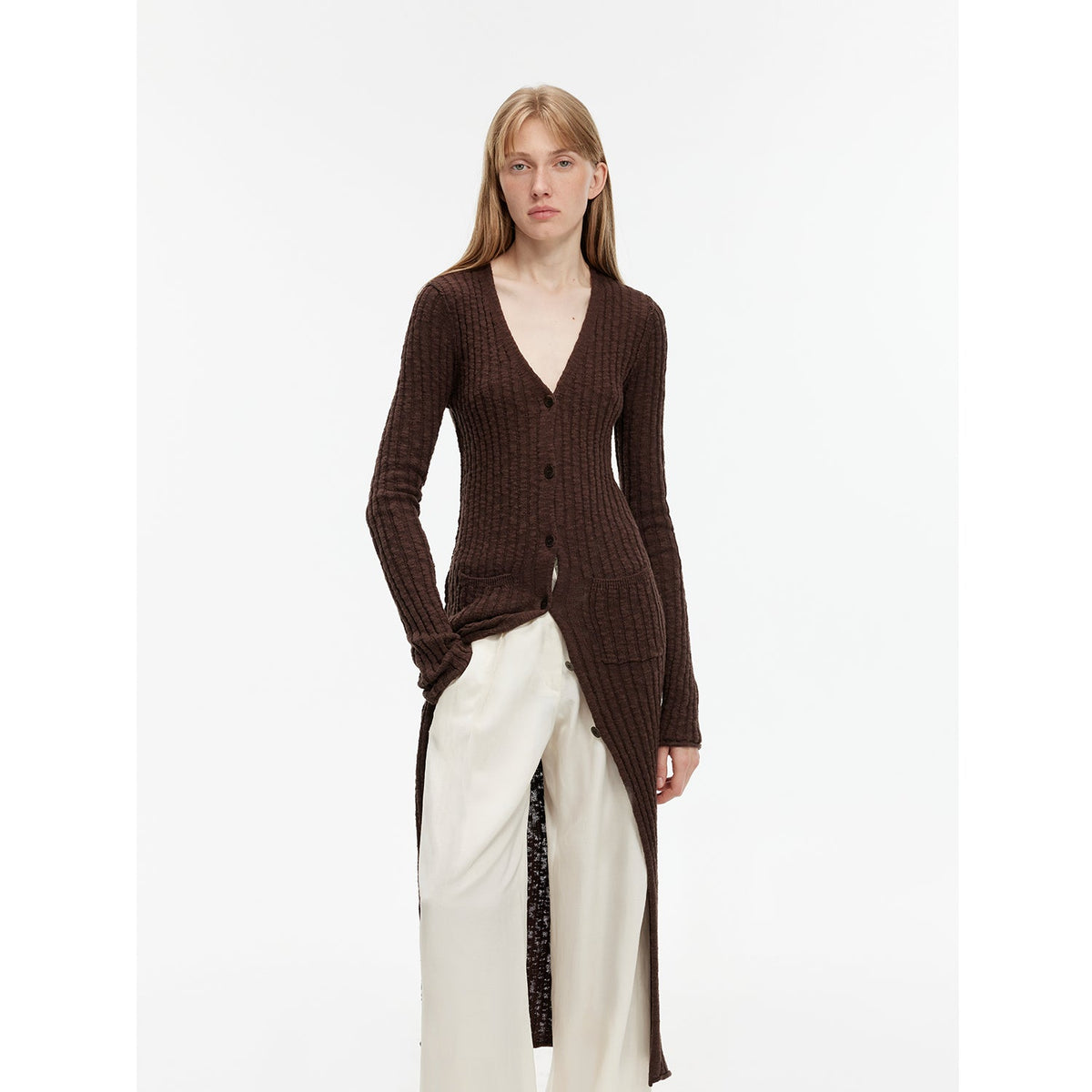 "Soft Spring Formula" Luxury brand same version cotton and linen fancy yarn knitted V-neck curling design straight long cardigan-5