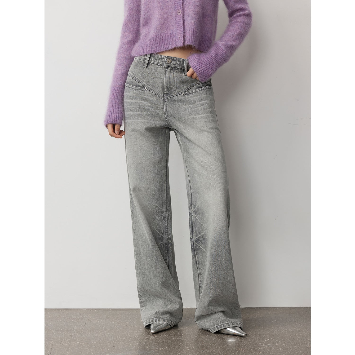 Vintage Heavy Wash Distressed Marble Pattern V-Shaped Segmented Slimming Textured Straight-Leg Denim Trousers-5