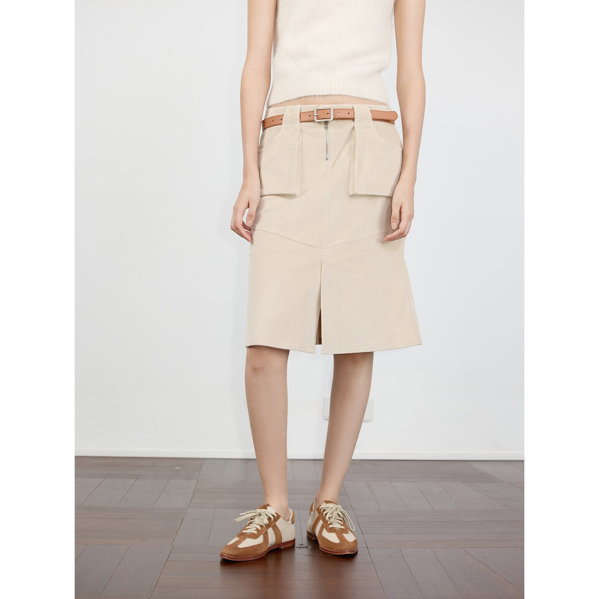 "Postcard Memory" Retro corduroy design front slit workwear fishtail skirt-1