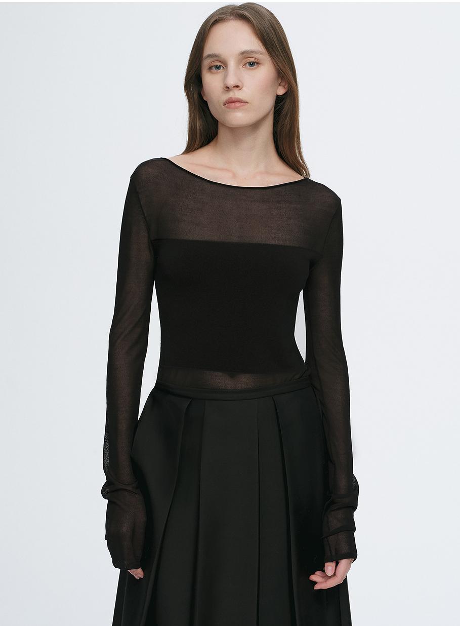 Transparent patchwork acetate Tencel temperament slim fit slim long sleeve T-shirt for women-5