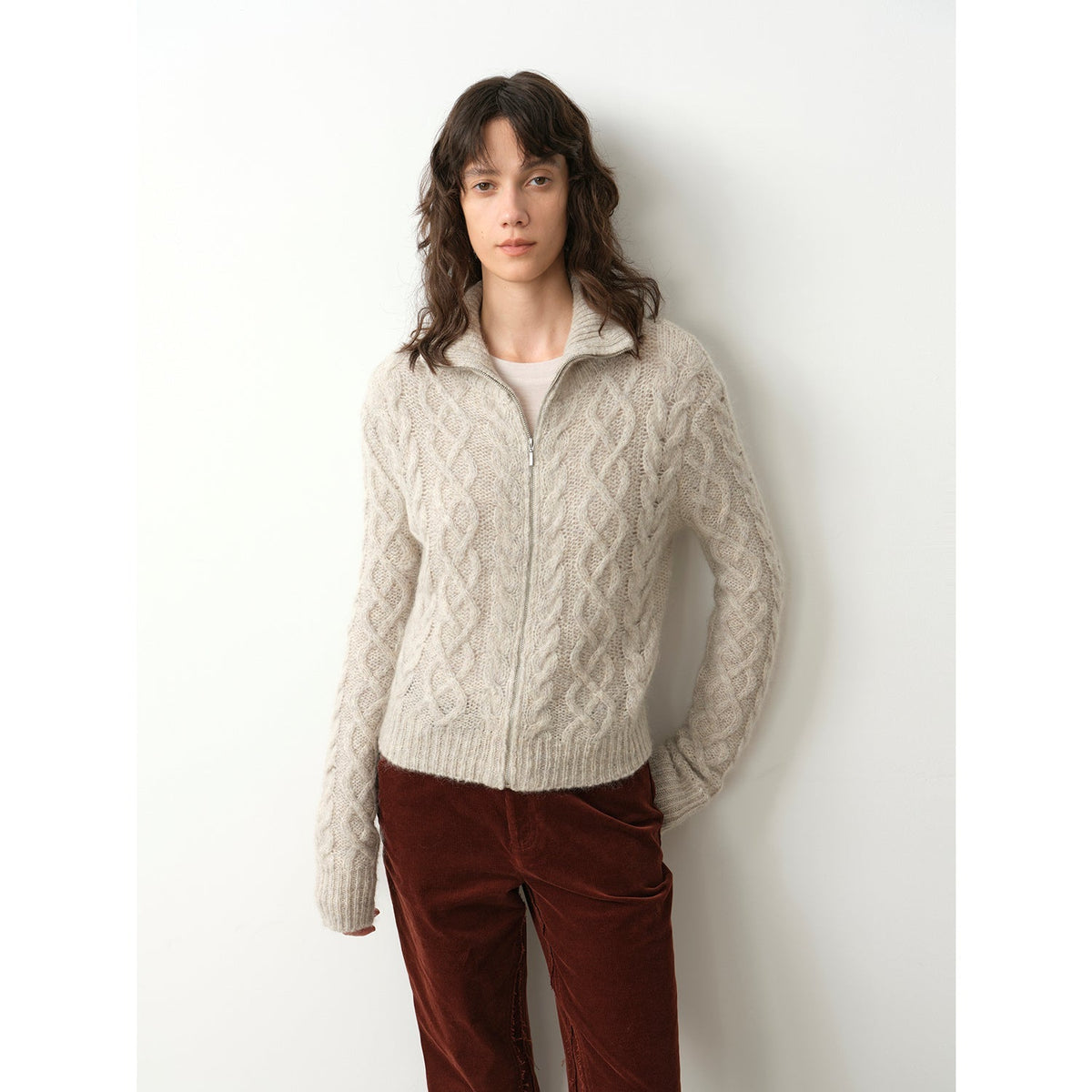 "Romantic Cable" vintage warm flower basic mohair wool cable blend zipper knitted cardigan-6