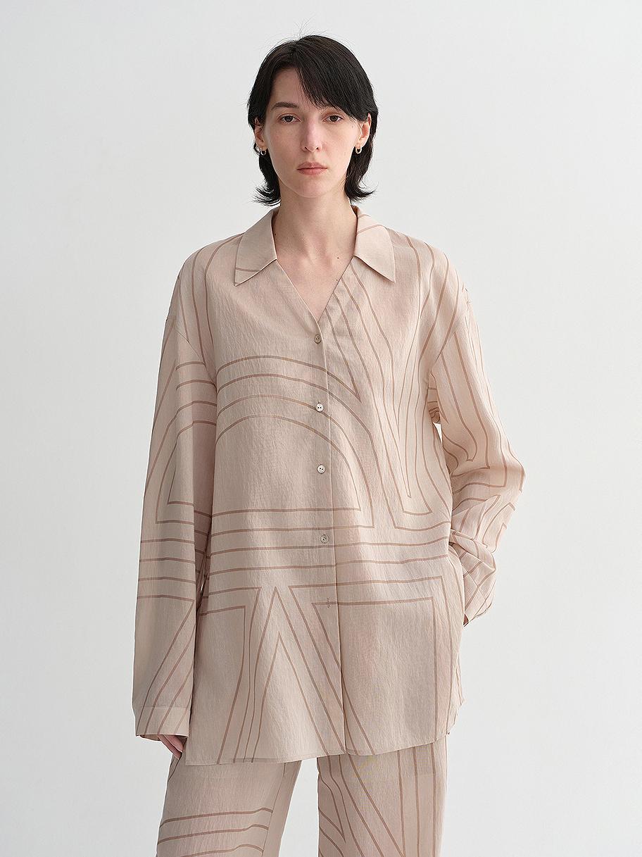 Linen original art stripe print classic lapel small V-neck design breathable blouse shirt suit for women-2