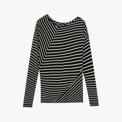 "Picasso Lines" fashionable off-shoulder Lyocell Tencel wool blended draped patchwork striped T-shirt-6