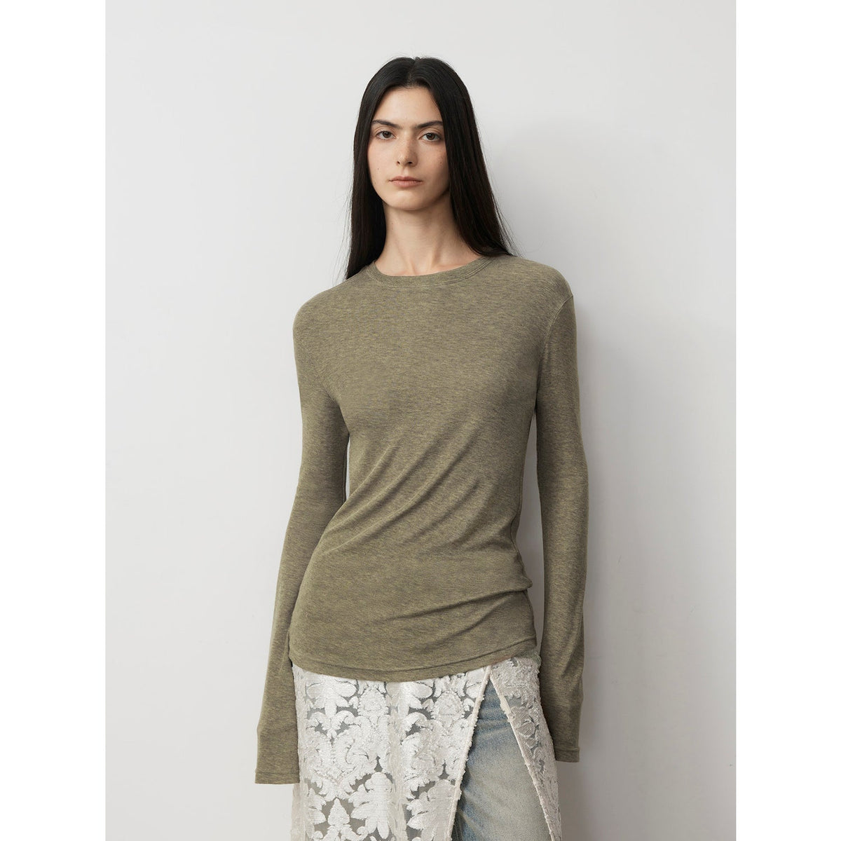 Lyocell wool stretch comfortable breathable fit minimalist solid color long-sleeved T-shirt-4