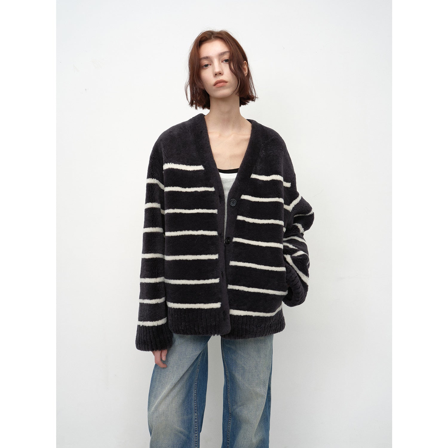 Vitality Girl Classic Simple Versatile Striped Splicing V-neck Drop Shoulder Merino Sheepskin Coat-1