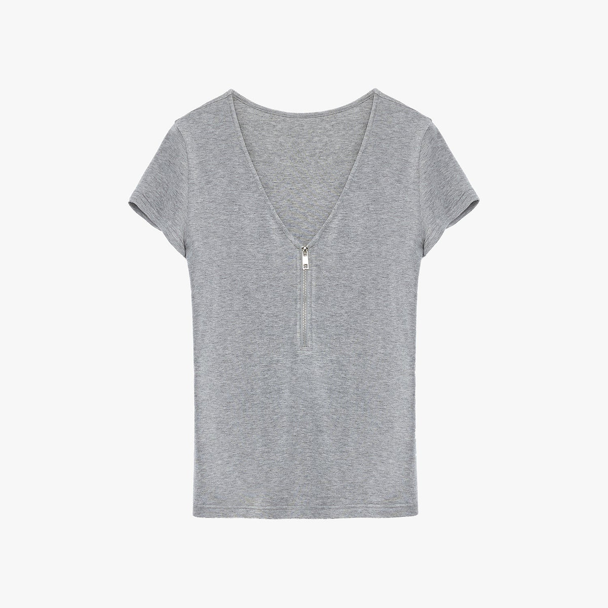 "Simple Color Silent Film" Australian Wool Tencel V-neck Zipper T-shirt-5