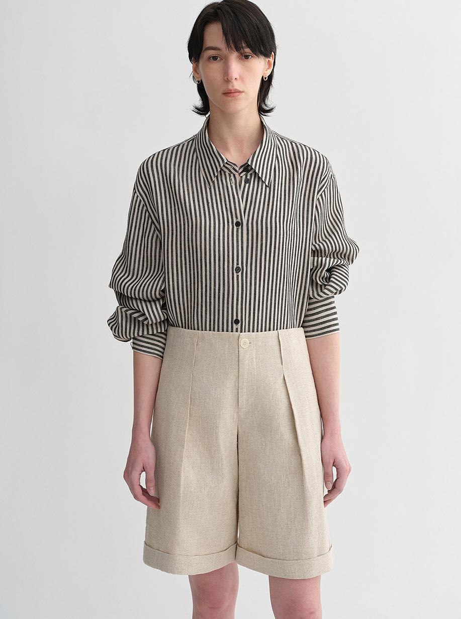 100% linen classic silhouette pinstripe lapel wide breathable long sleeve spring and summer shirt for women-5