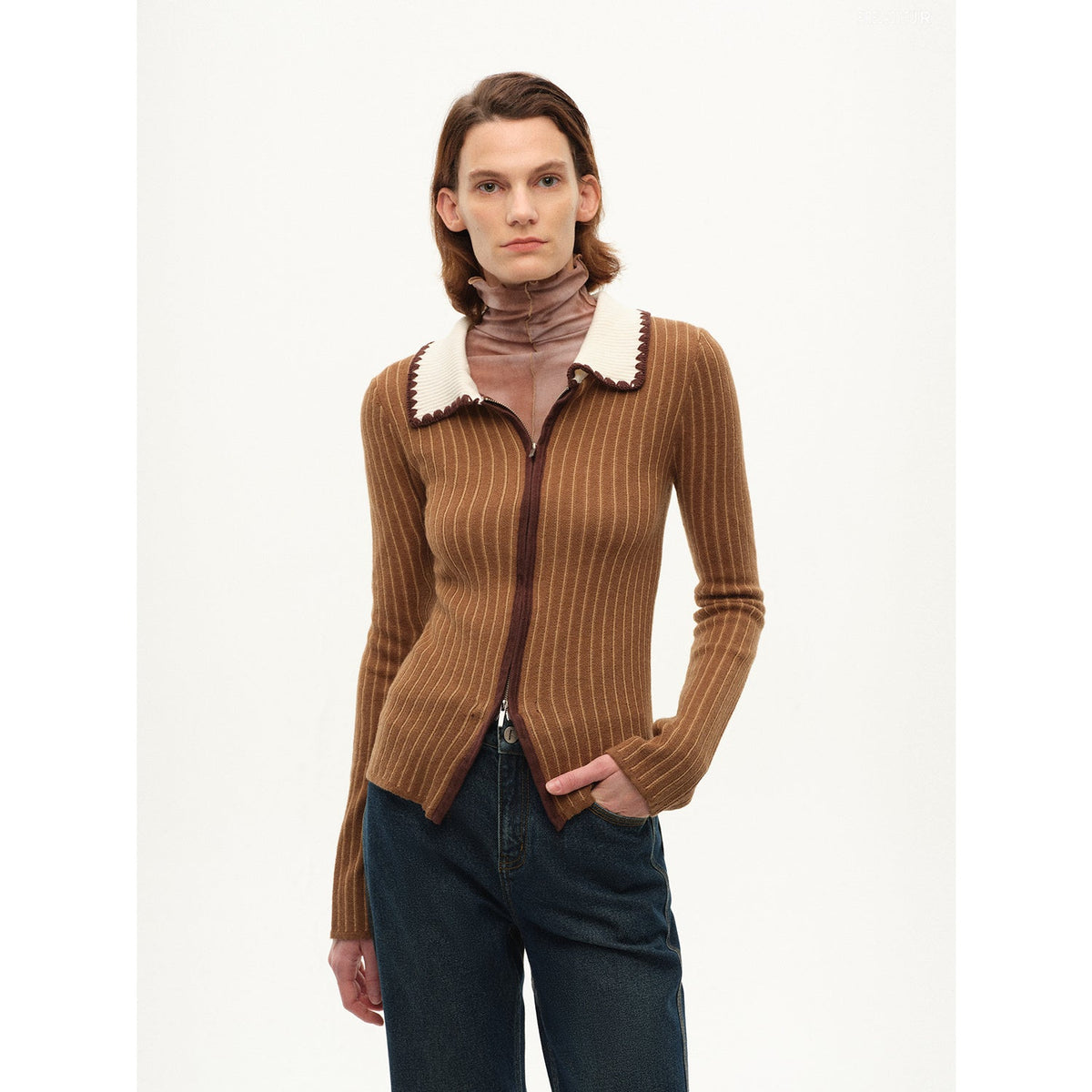 [FF×JW joint striped fabric] Slim-fitting crocheted lapel color-blocked striped comfortable wool knitted cardigan-5