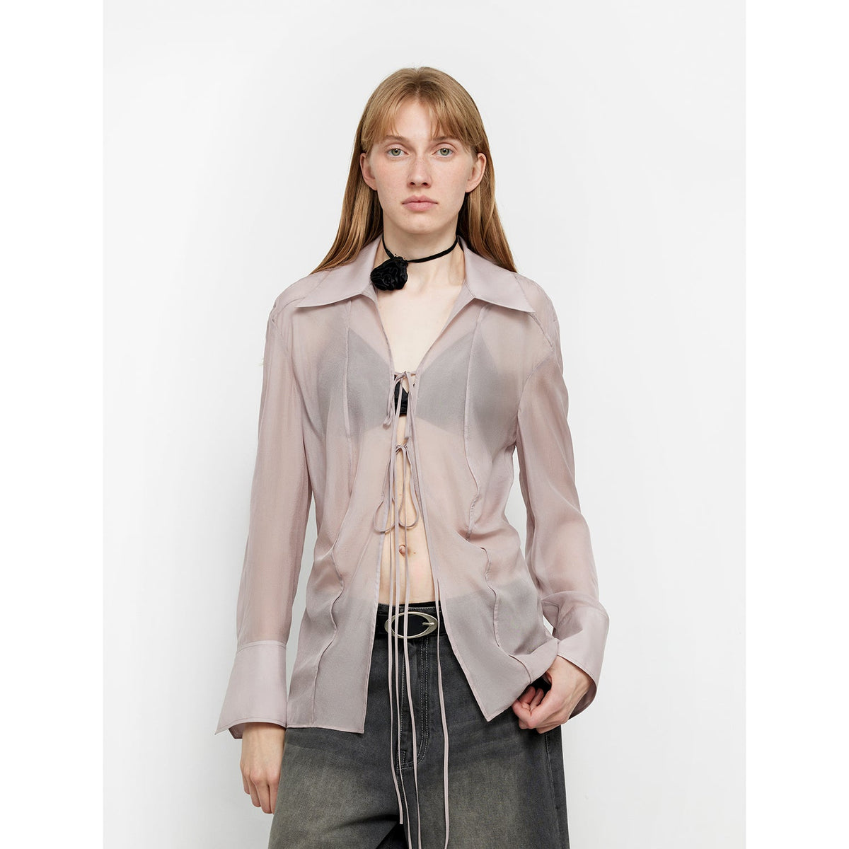"Hazy Moonlight" Silk Chiffon Light and Hazy Feeling Cool Drape Lace-up Sun Protection Shirt Summer-5