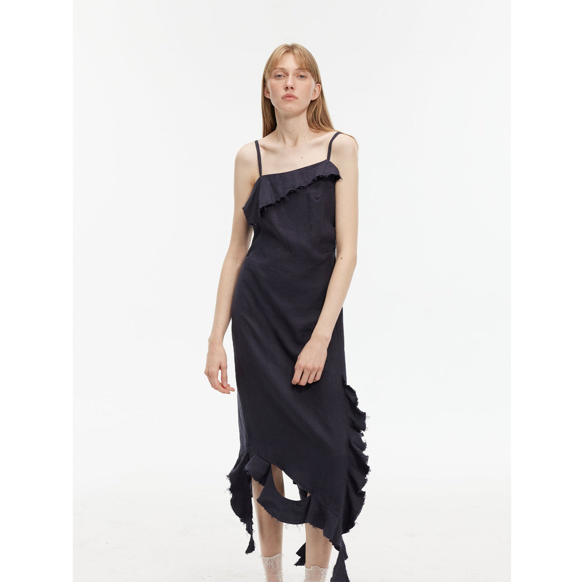 "Summer Whisper" Sand-washed Linen Sling Ruffled Irregular Fit Sling Dress-5