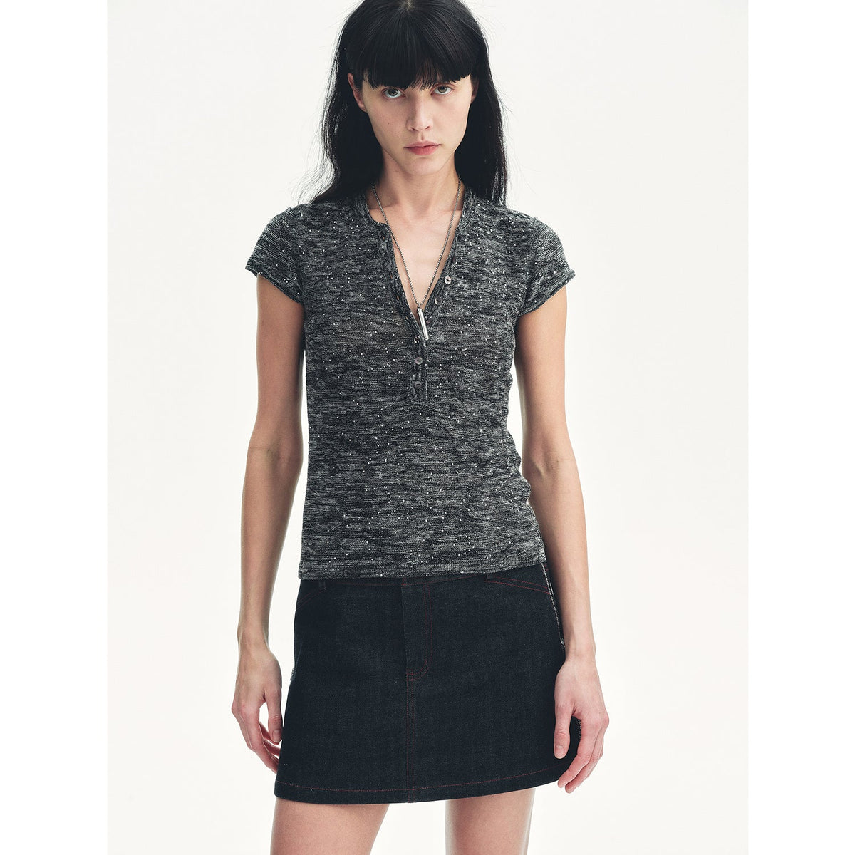 "Minimalist Light Gap" Cotton and Linen Blend Sequined Henley Neck Short Sleeve T-Shirt-6