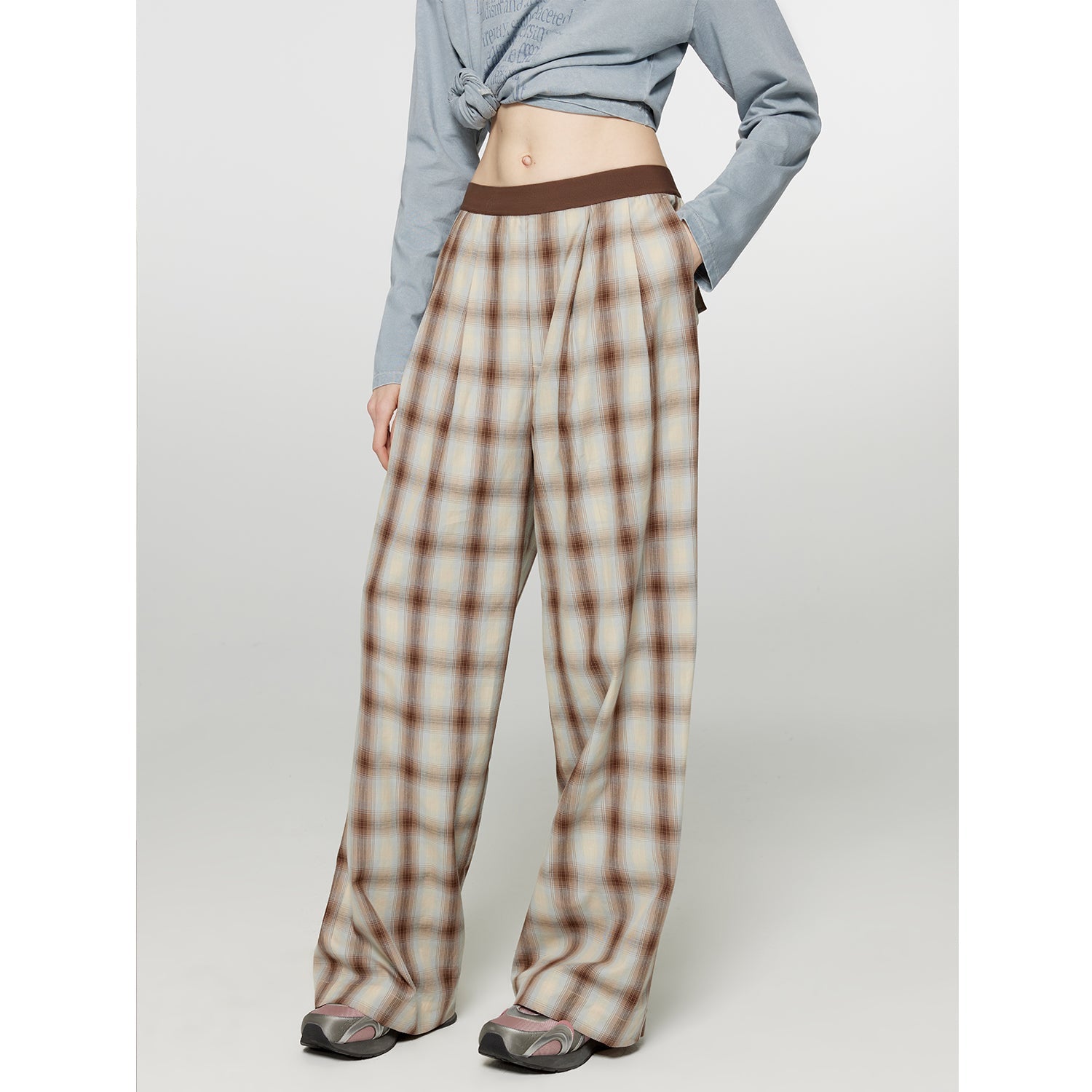 "Patchwork Street Corner" Dyed Retro Plaid Casual Pants for Women, Elastic Waist, Straight-Leg, Wide-Leg Long Trousers-5