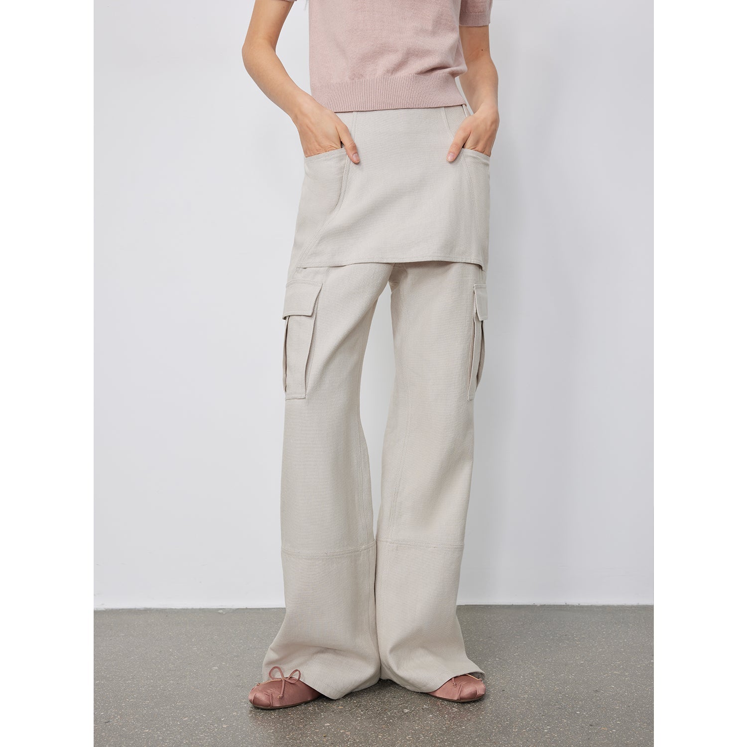 "Free to run away" miu style fake two-piece workwear micro-flared casual pants low-waist slim zipper trousers for women-1