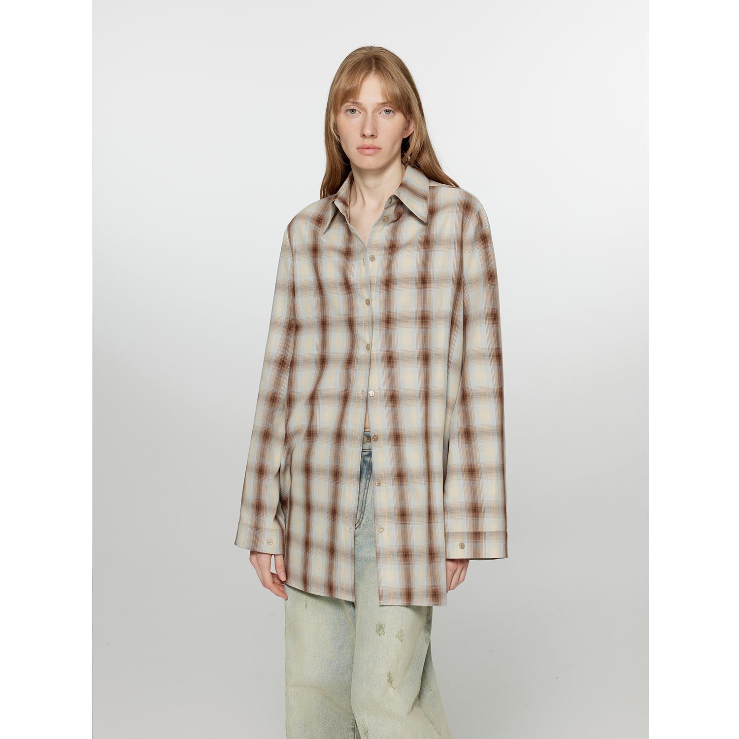 "Tea Grid" high-quality high-count cotton loose retro plaid shirt-6