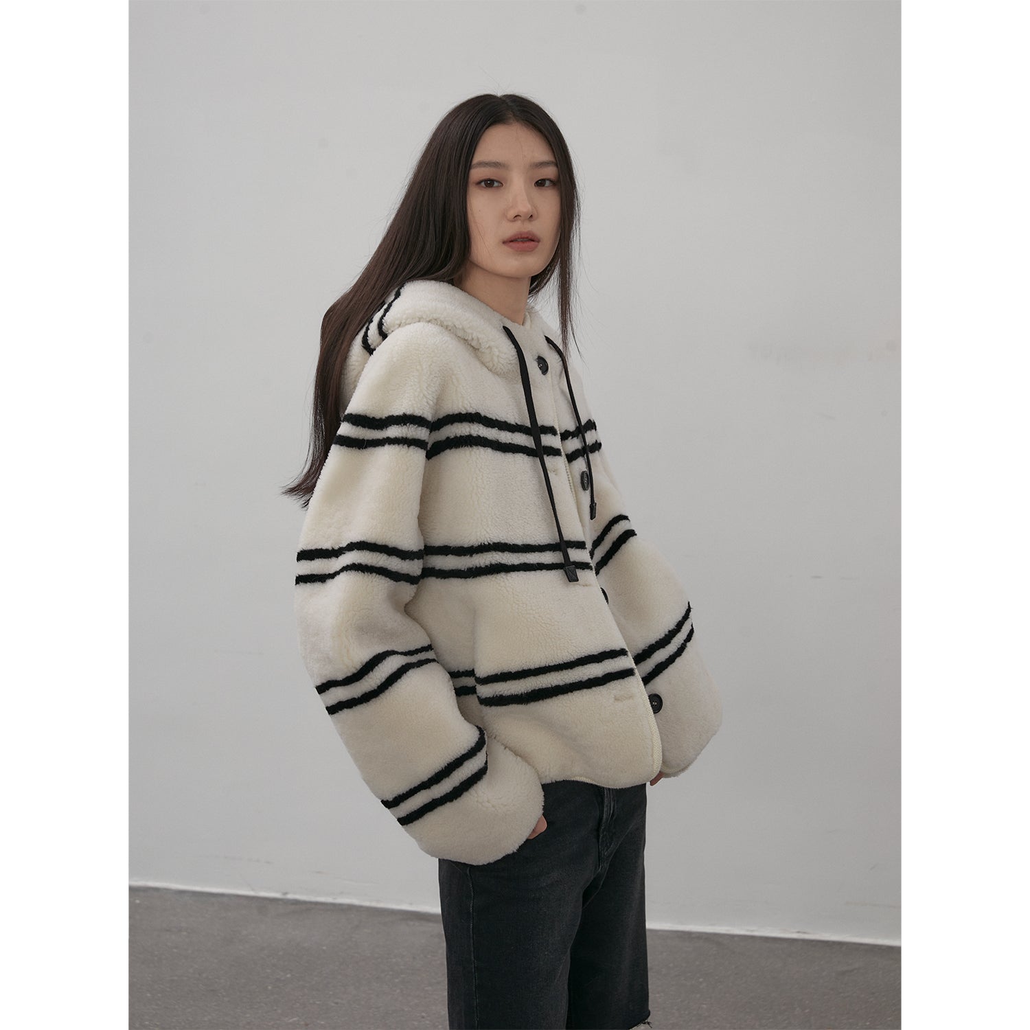 Snowy New Year Merino Sheepskin Lamb Wool Striped Jacket-4