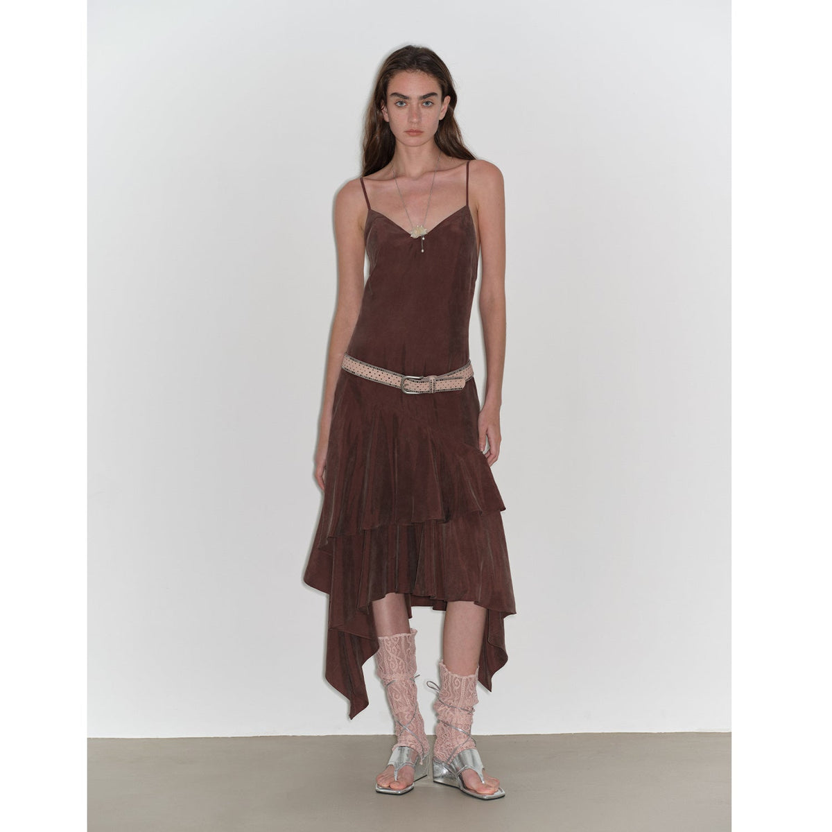 "Heart-beating Invitation" Lazy copper-ammonia rayon V-neck irregular adjustable mid-length suspender dress-5