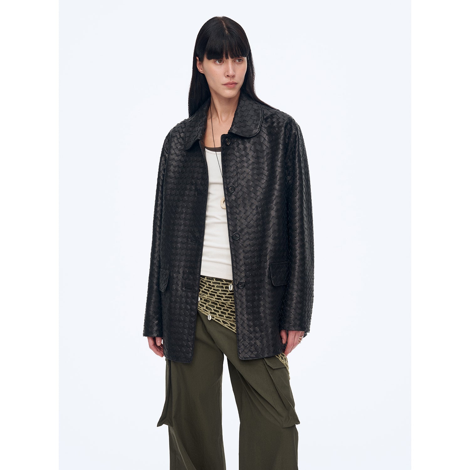 "Rembrandt Night" New Zealand imported lambskin perforated woven leather jacket spring-1