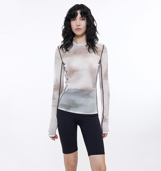 Smudge-printed mesh slightly see-through long-sleeved T-shirt for women-5