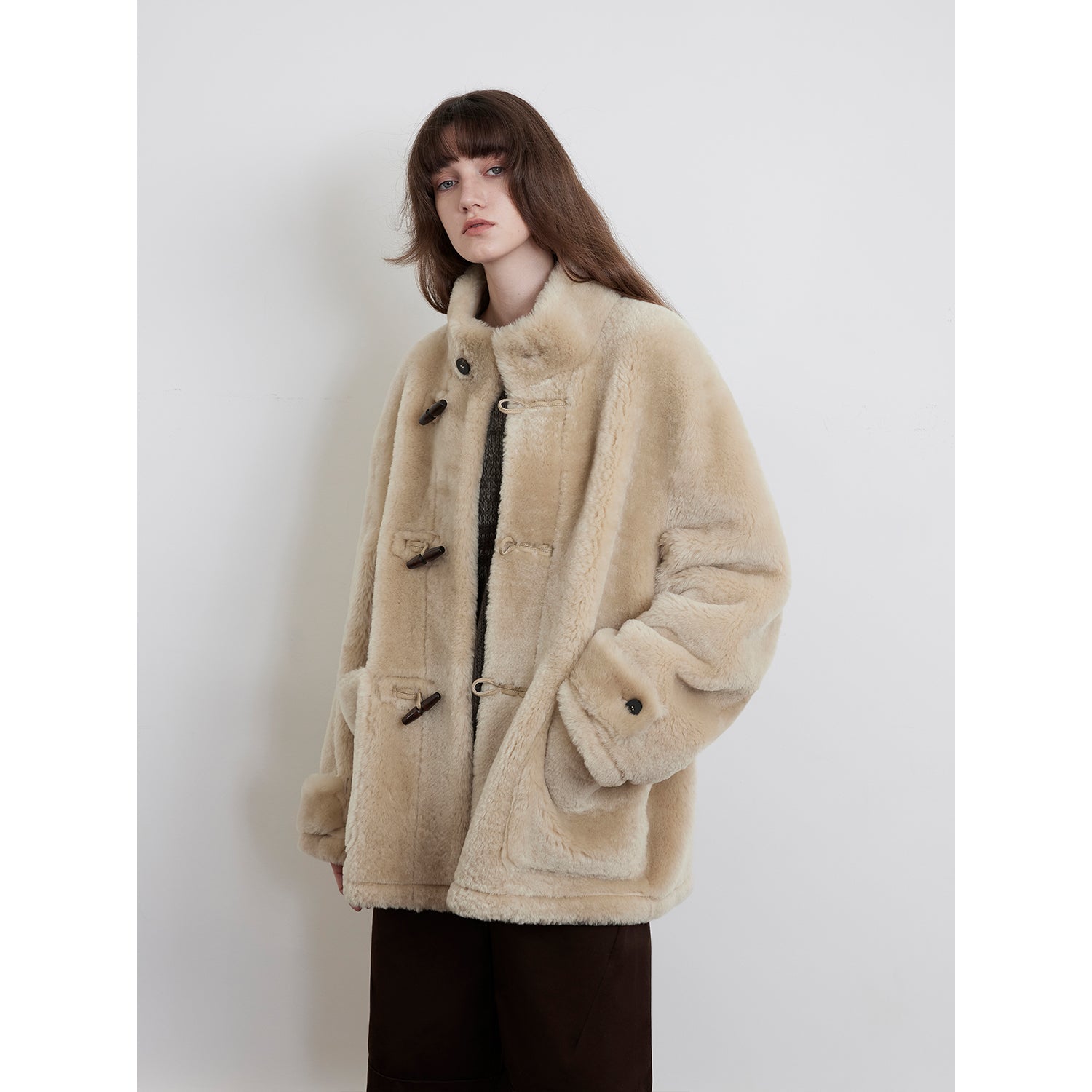 Dreamer Stand Collar Casual Imported Merino Long Sheepskin Jacket-5