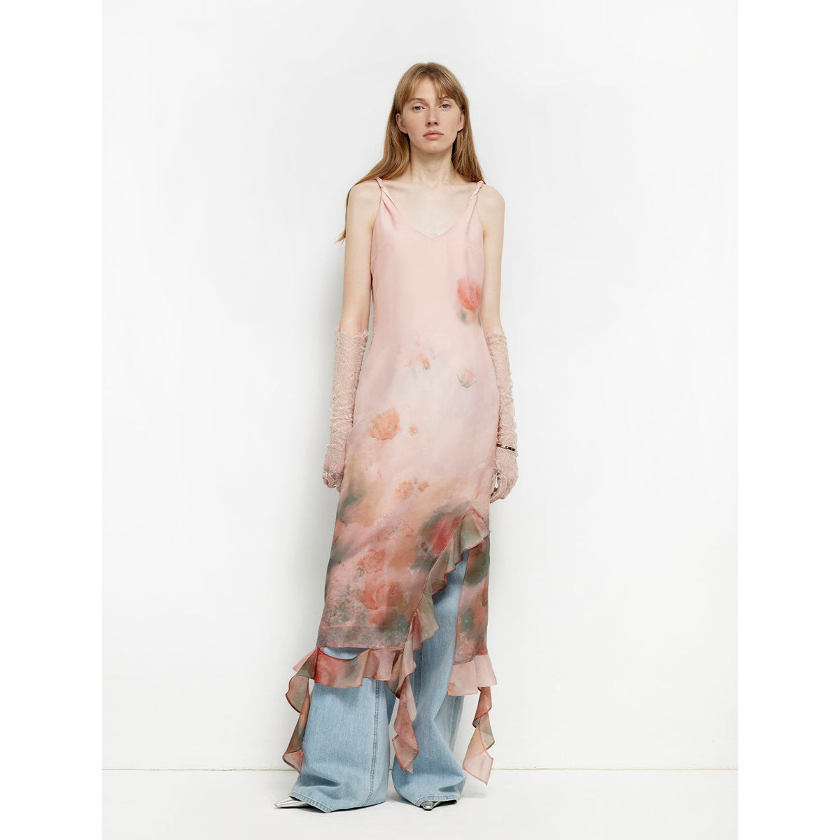 "Rosy Ombre" Acetate Mulberry Silk V-Neck Ruffled Draped Twist Strap Summer Dress-0