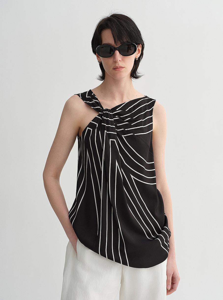 Elastic silk twisted collar original geometric print slim fit multi-occasion T-shirt sleeveless vest for women-6