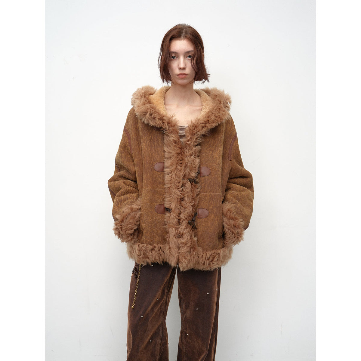 "Modern Weekend" Drop Shoulder Hooded Merino Wool Sheepskin Fur Coat Winter-5