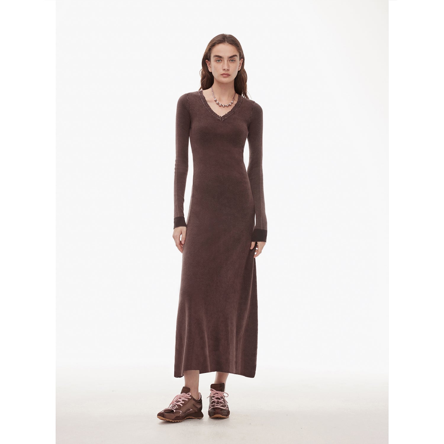 "Kalle Morning" fashionable fermented washed distressed raw edge V-neck waist dress for women-4