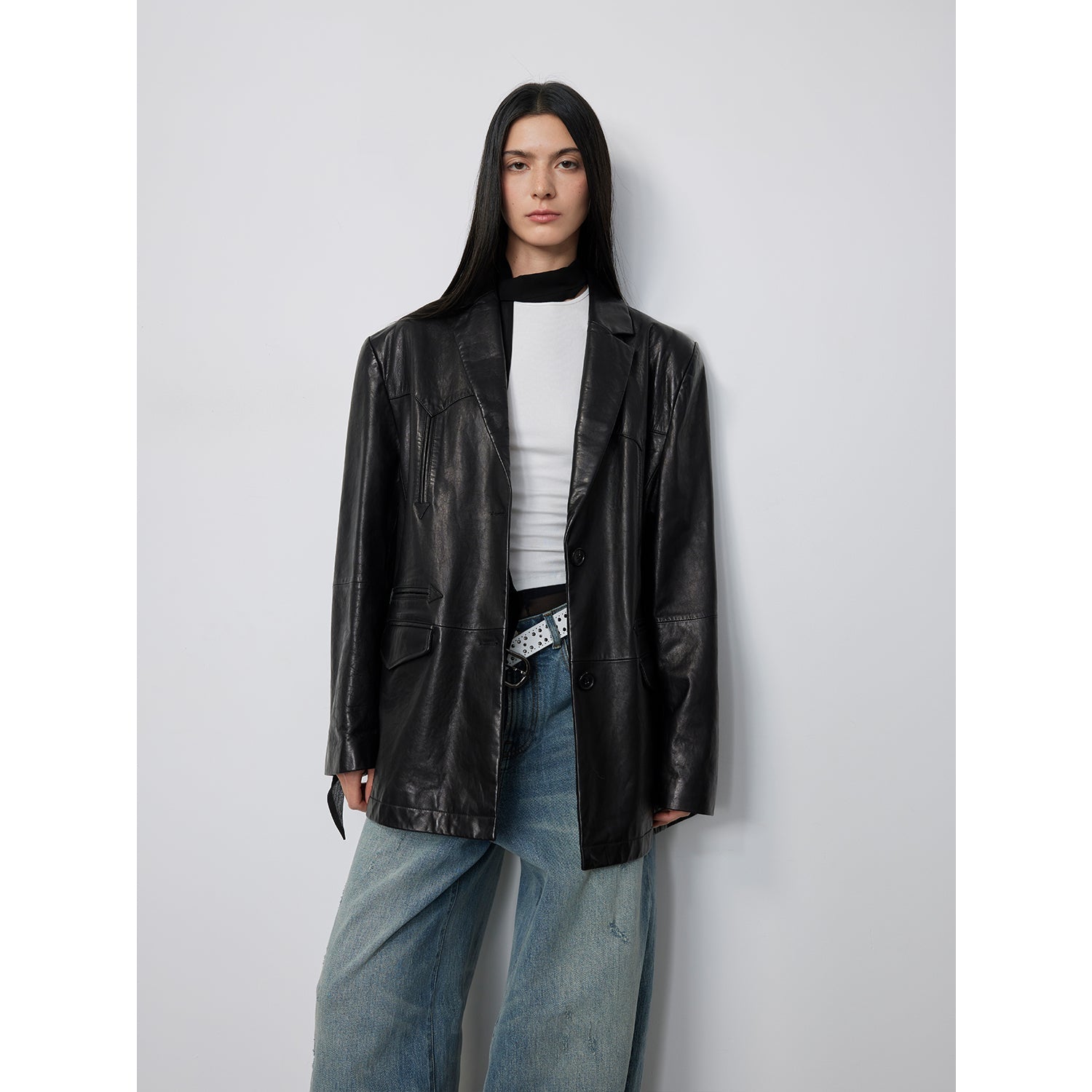 “Nostalgic Denim”Custom-Dyed Washed Spray-Color Goat Leather Genuine Leather Blazer for Women, Vintage-Finish Leather Jacket-5