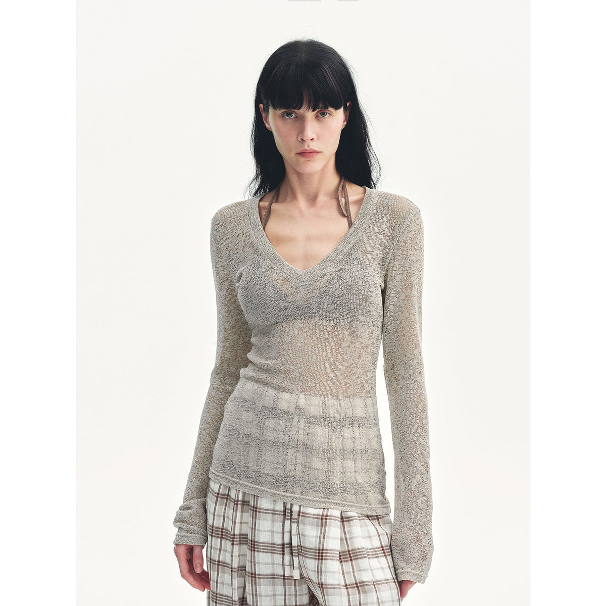 "Spring Old Dream" Loose and versatile slightly hollow V-neck straight shoulder top-1