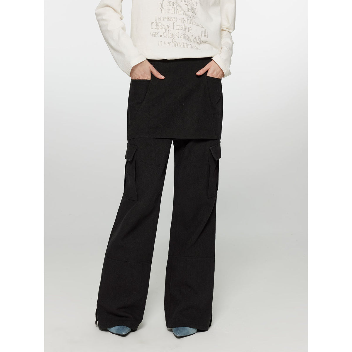 "Free to run away" miu style fake two-piece workwear micro-flared casual pants low-waist slim zipper trousers for women-6