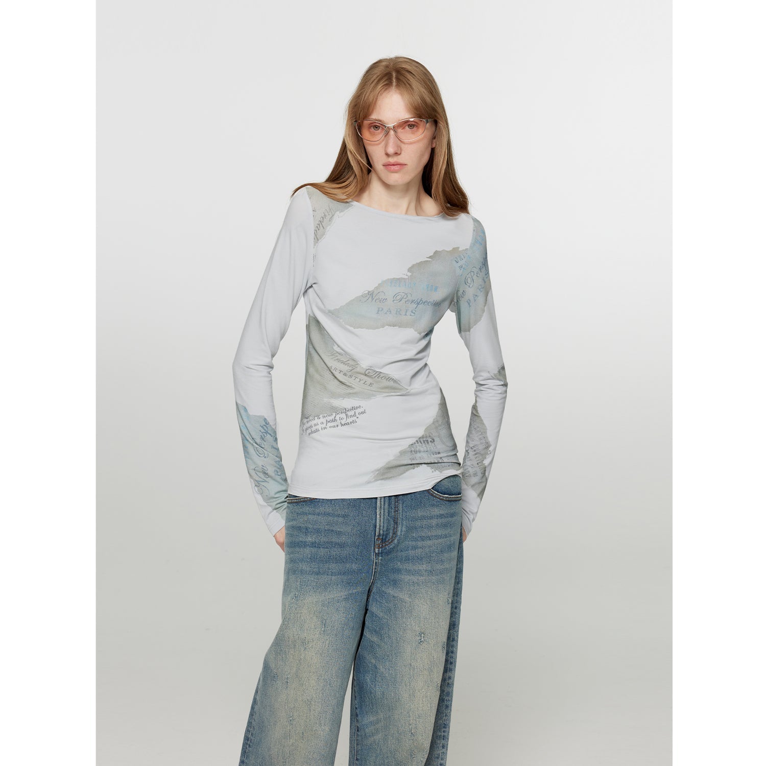 "Letter from Morning and Evening" Silk Cotton Blended/Original Printed One-line Collar Long Sleeve T-Shirt Women's Fitted Top Spring-1