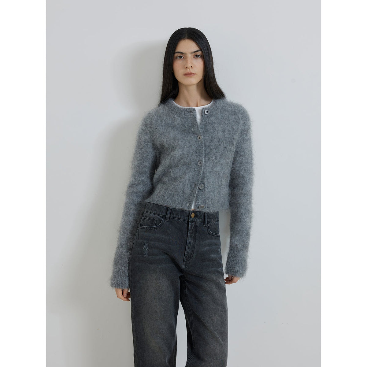 "Relaxation Notes" High-Proportion Mohair Knit Cardigan Women's Loose Short Round Neck Sweater Jacket-7