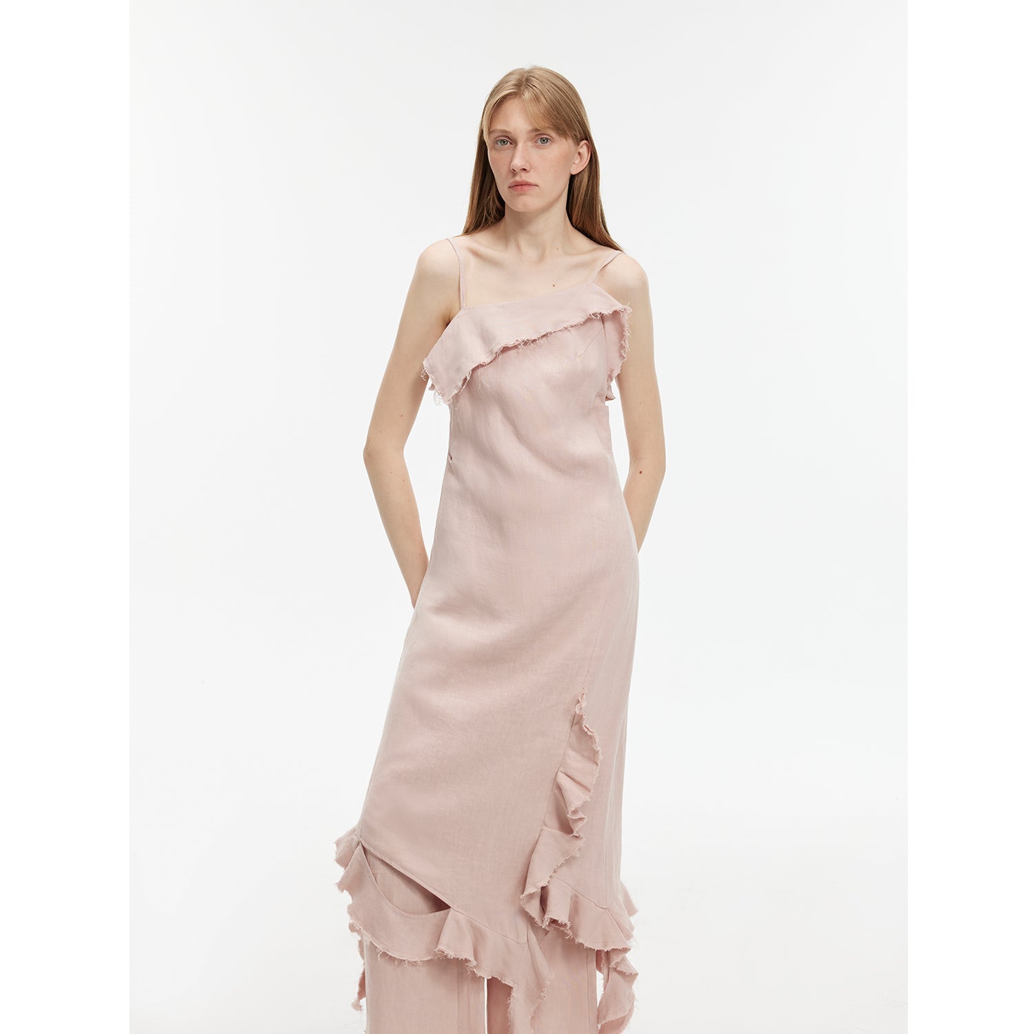 "Summer Whisper" Sand-washed Linen Sling Ruffled Irregular Fit Sling Dress-6