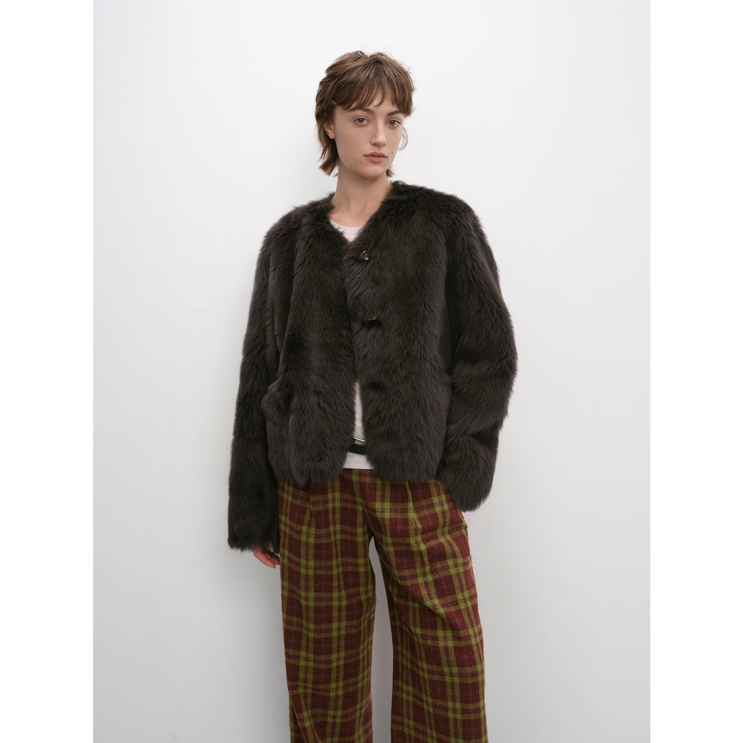 "Darcy Manor" imported Tuscan straight wool sheepskin sweetheart collar short fur coat-7