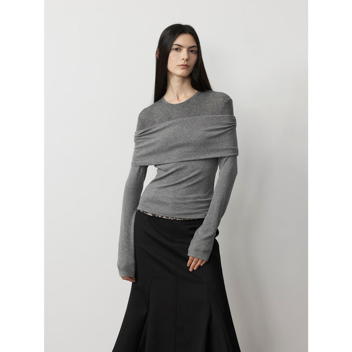 "Modern Tricks" personalized layered Tencel wool fake two-piece splicing one-shoulder versatile knitted top-5