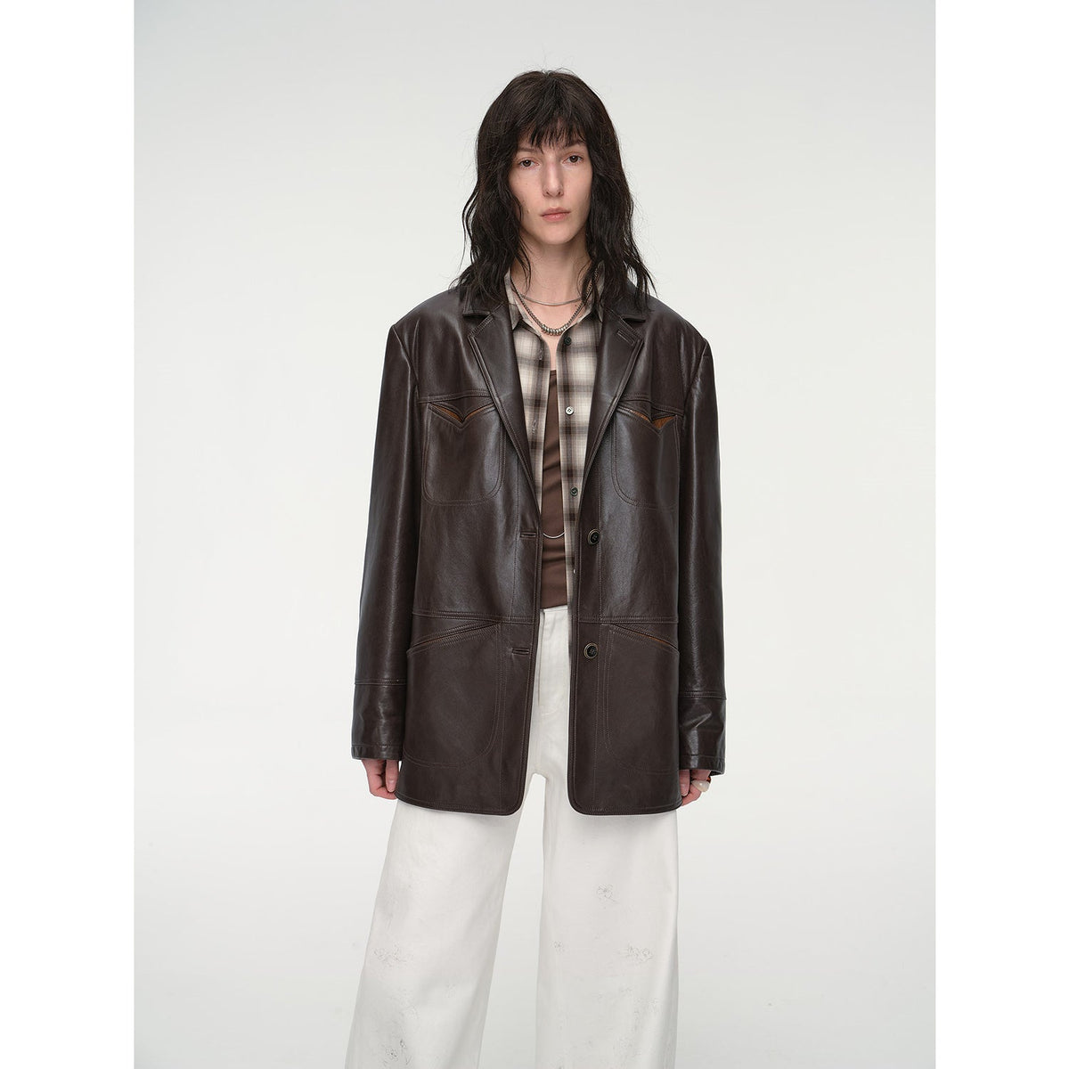 "Windsor Past" wide shoulder multi-pocket suit waxed leather jacket-6