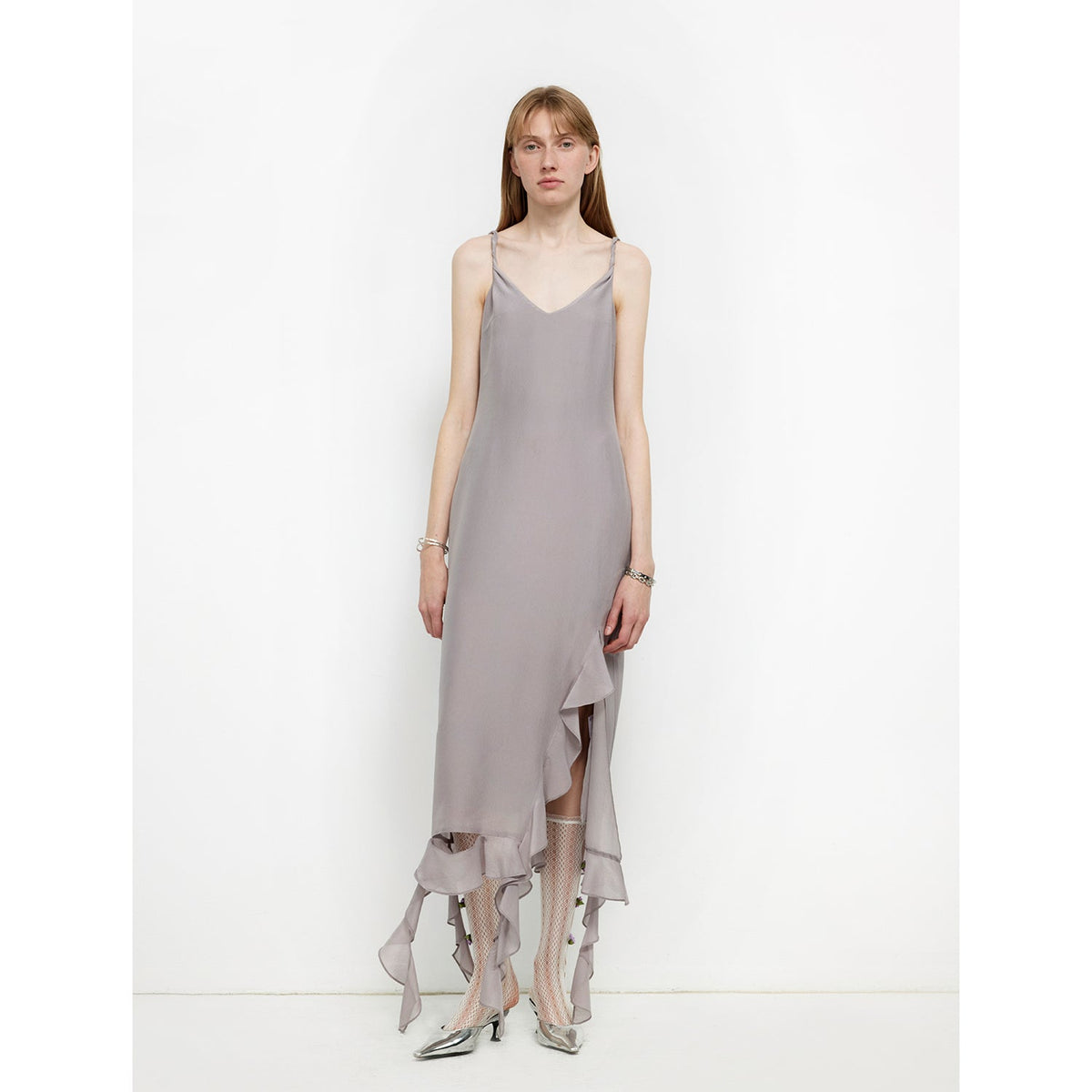 "Rosy Ombre" Acetate Mulberry Silk V-Neck Ruffled Draped Twist Strap Summer Dress-5