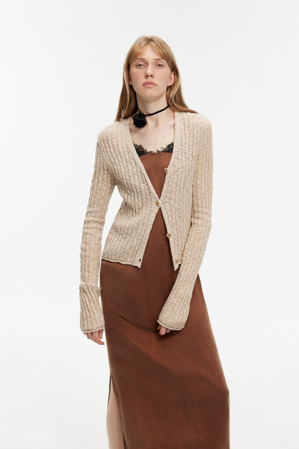 "Spring Grass Single" luxury brand same version cotton linen yarn V-neck slim pit short knitted cardigan-1