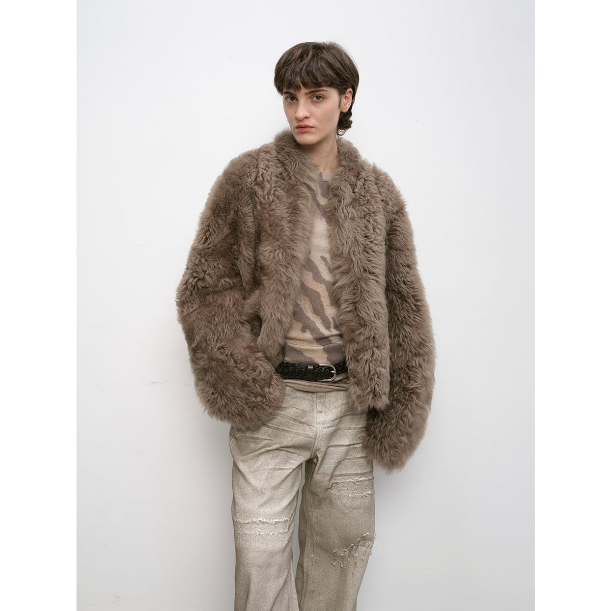"Autumn Basel" imported Tuscan sheepskin half-roll short casual fur coat-4