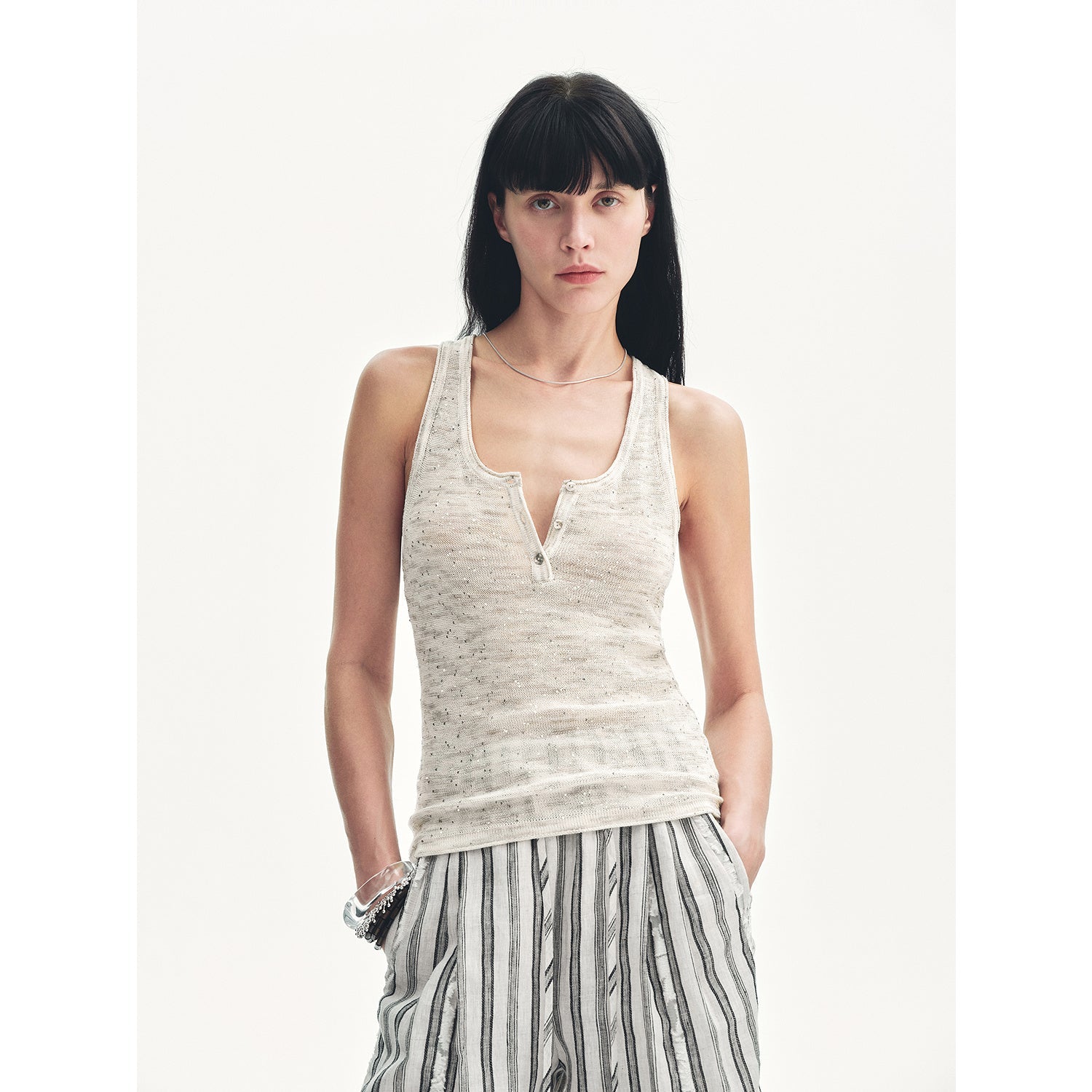 "Summer Night Starry Sky" Cotton and Linen Blended Henley Collar Beaded Vest Summer-6