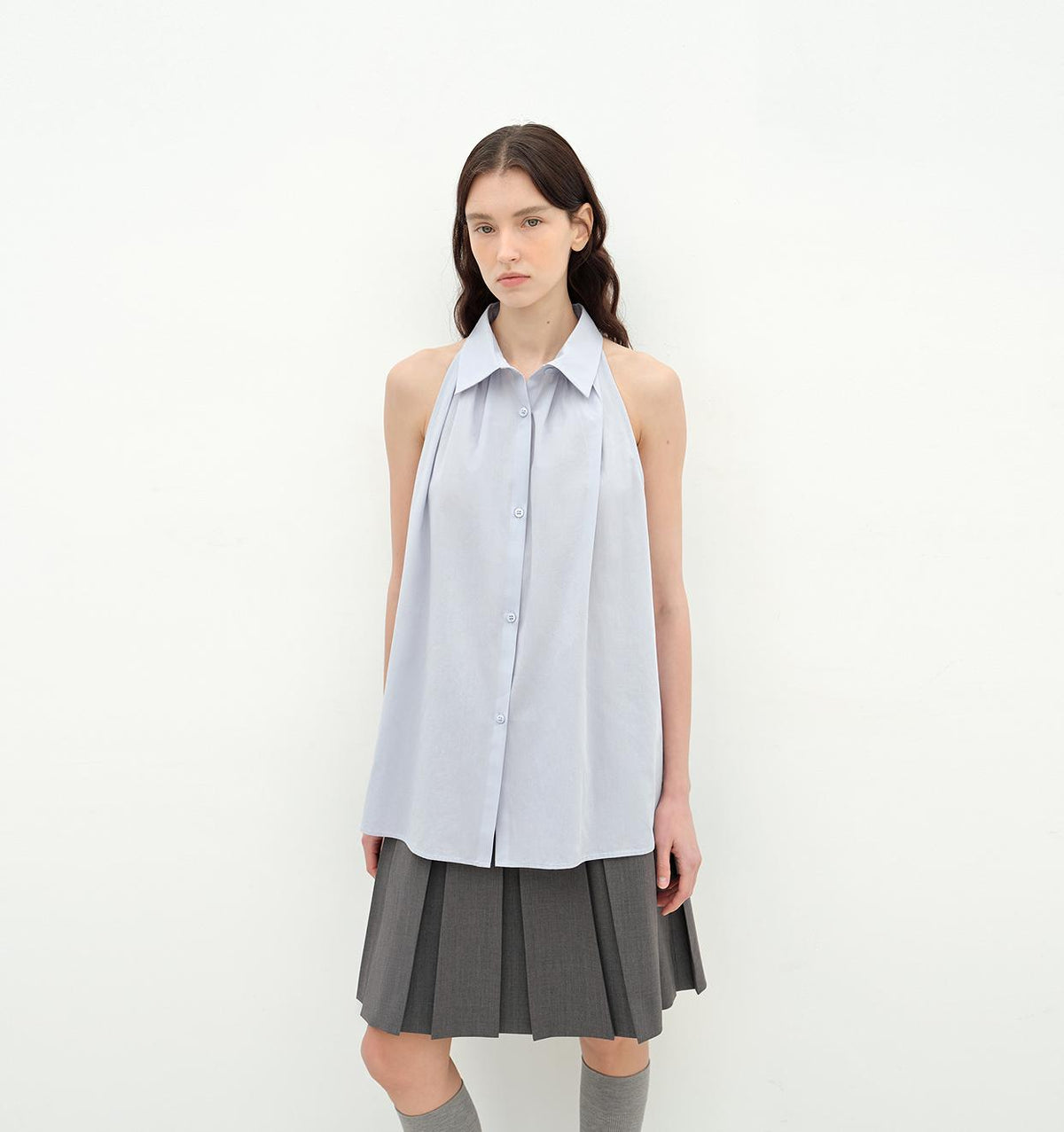 "Poland Island" imported pure cotton stand-up collar sleeveless striped shirt temperament top for women-6