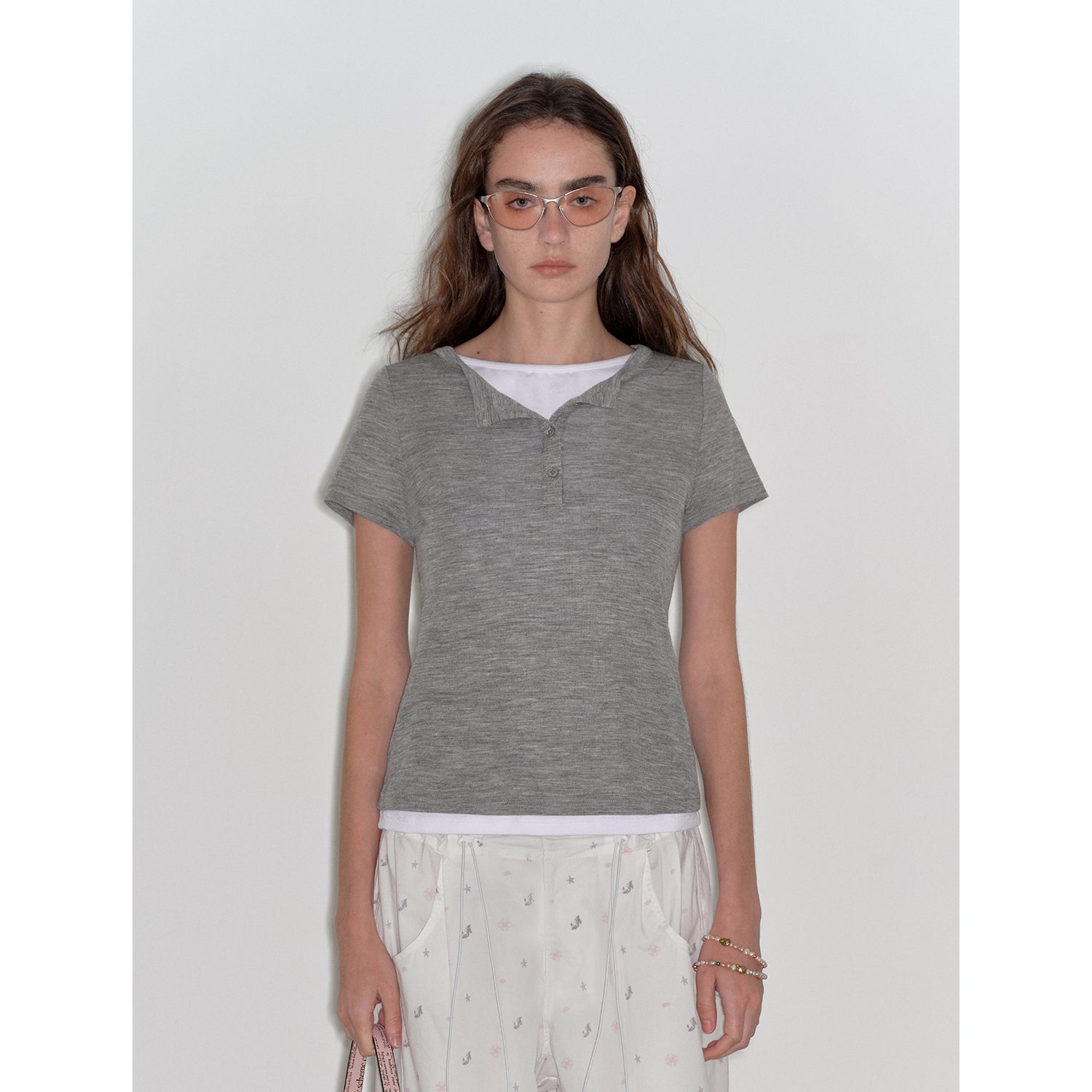 "Simple Advent" Fine Australian Wool Skin-Friendly Fit Henley Neck Tight T-Shirt-4