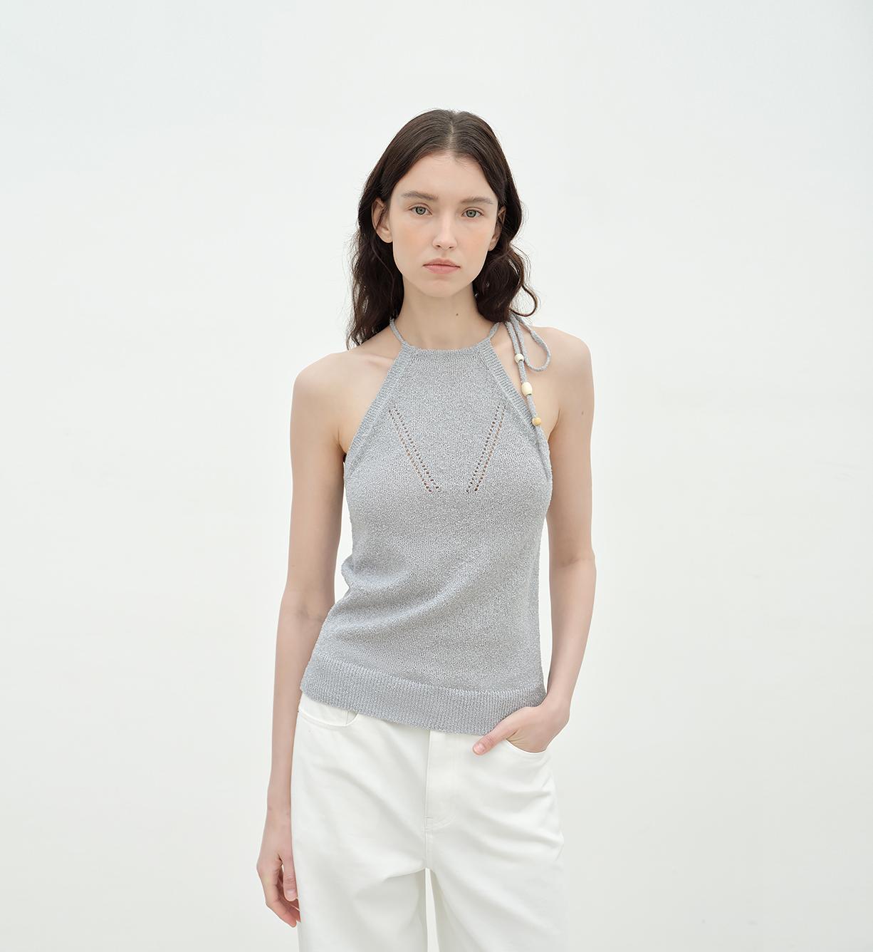 "Moussaka" wooden beaded lace-up halterneck knitted vest-5