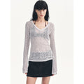 "Spring Old Dream" Loose and versatile slightly hollow V-neck straight shoulder top-0